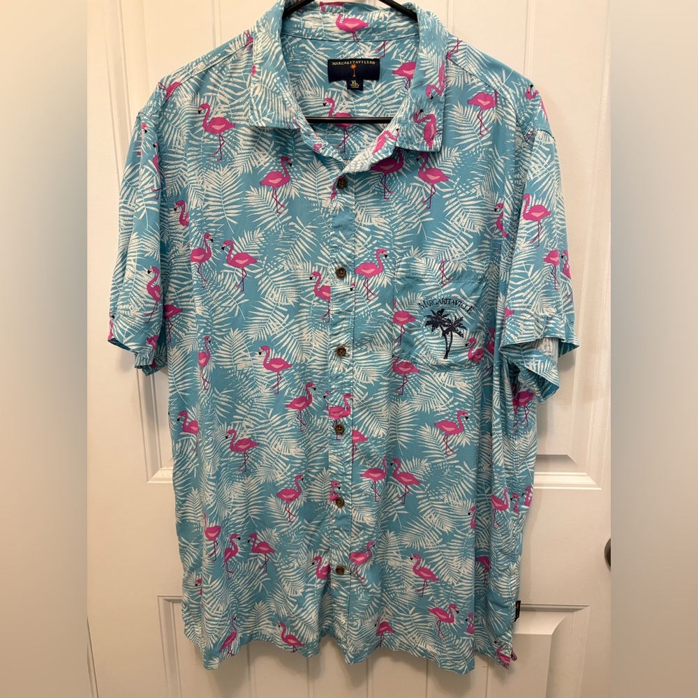 Margaritaville Blue Flamingo Print Men's Shirt. Size XL. Chest pocket with logo.